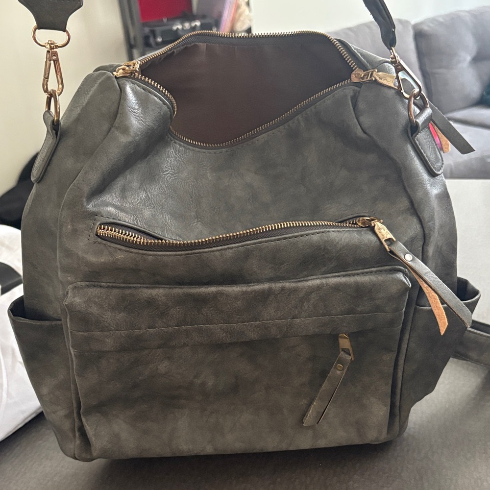 Stylish Gray Women's Shoulder Bag Backpack with Gold Hardware